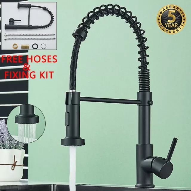 Black Mono Kitchen Sink Mixer Taps Pull Out Spray Head Single Lever Modern Tap