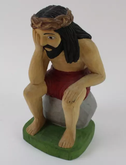 Pycka Krzysztof  Naive Kunst Polen trauernder Jesus mit Dornenkrone Holzskulptur