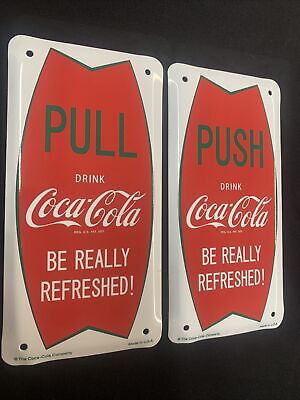 Vtg Style Coca-Cola Push Pull Door Screen Door Plate 2 Pc Sign Fishtail Arciform