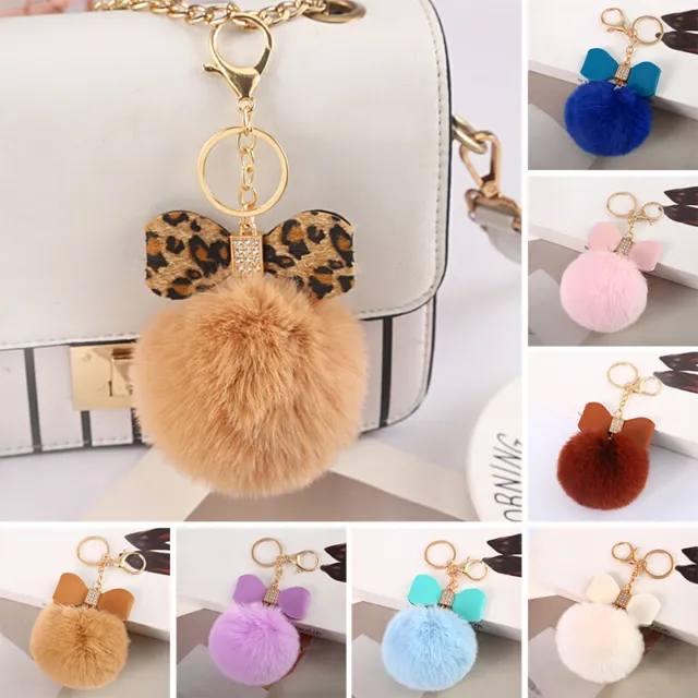 1PC Rabbit Fur Pom-pom Key Chain Bag Fluffy Puff Ball Bow Key Car Pendant Gift