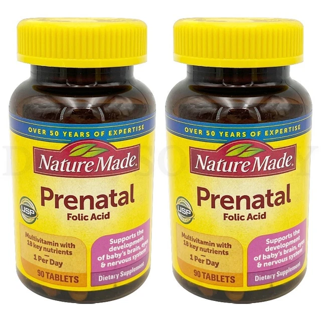 Nature Made Prenatal Multivitamin with Folic Acid Tablets 90 Count Each Lot of 2