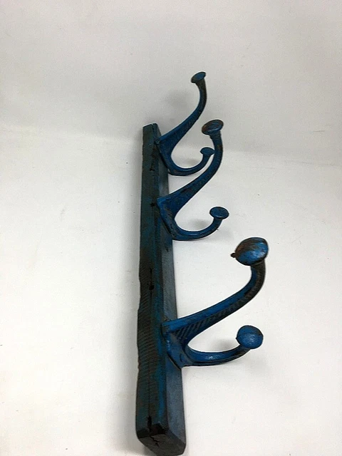 Old Wooden Brass Coat Hanger Hook Blue Painted Wall Fix Tie Hanger Hand Crafted 9