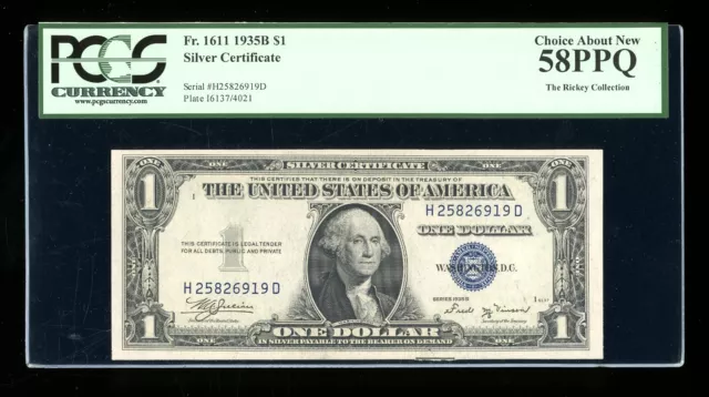 DBR $1 1935-B Silver Vinson HD Block Fr. 1611 PCGS 58 PPQ Serial H25826919D