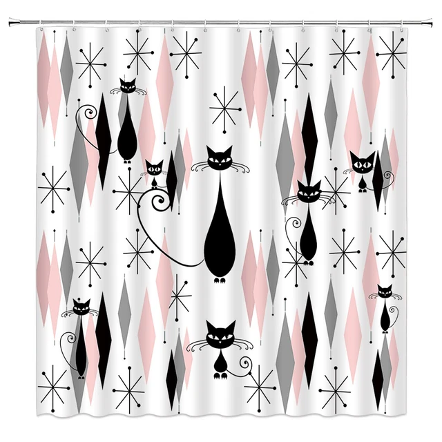 Mid Century Black Cat Shower Curtain Atomic Starbursts Cat Modern Abst...