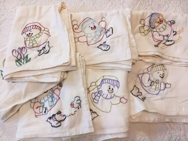 Set 7 Hand Embroidered Snowman Flour Sack Kitchen Towels Skiing Smiling 30x38"