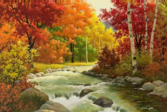 Colourful Autumn Forest Trees Painting Large Art Framed Canvas Picture 20x30"