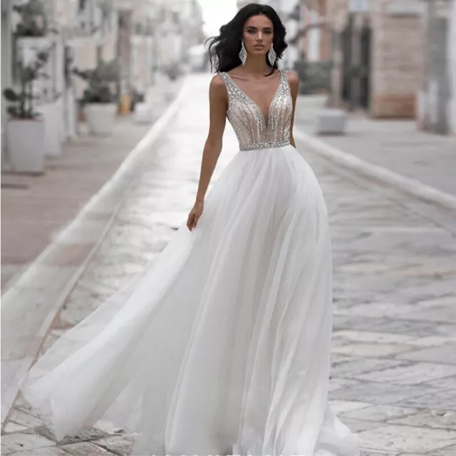 A-Line Boho Sleeveless Wedding Dresses V-Neck Lace Appliques Floor-Length Gowns