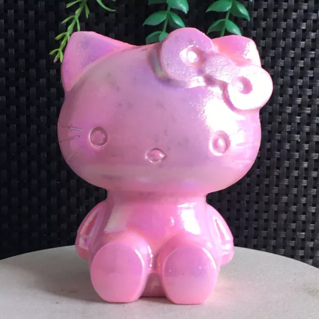 593g Titanium Pink Aura White Jade Hello Kitty Cat Carving Quartz Crystal
