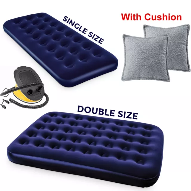 Double Single Flocked Camping Airbed Inflatable Mattress Blow Up Air Bed Cushion