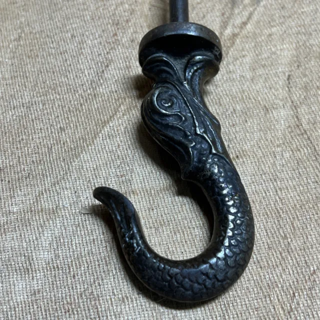Antique OLD Ceiling Plant Hook Sea Serpent Fish Cast Iron Dolphin Oil Lamp