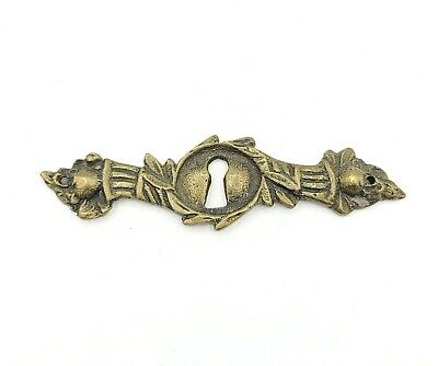 Vintage Ornate Brass Skeleton Key hole Escutcheon 3 7/8" x 1" Back Plate