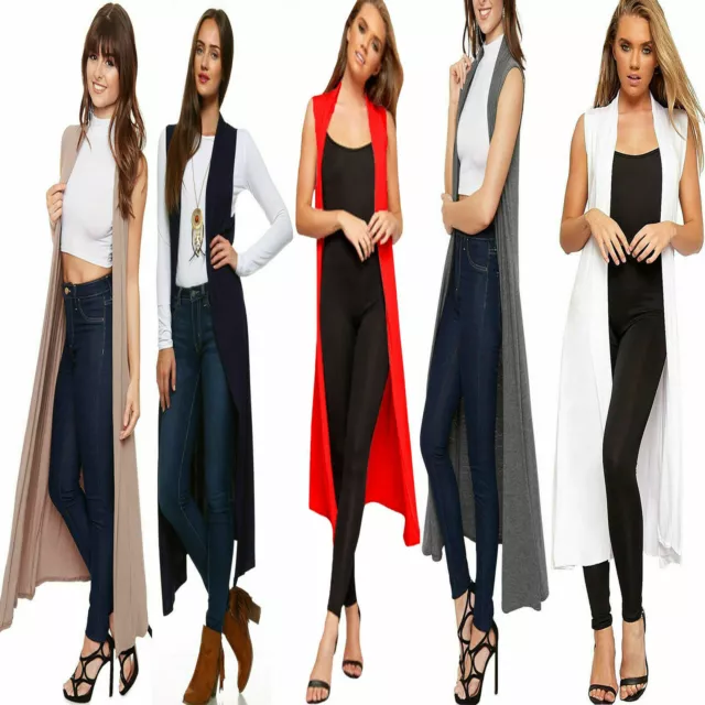 Ladies Women Sleeveless Front Open Long Length Boyfriend Maxi Cardigan 8-26