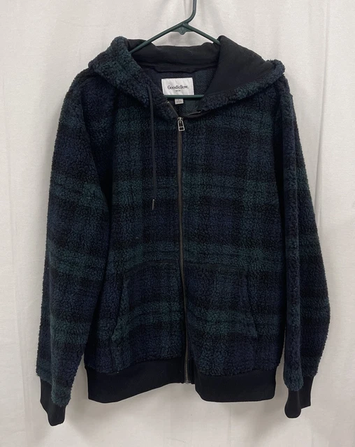 Mens Plaid Sherpa Faux Fur ZIP Up Hoodie Jacket Goodfellow Black Green Sz Large