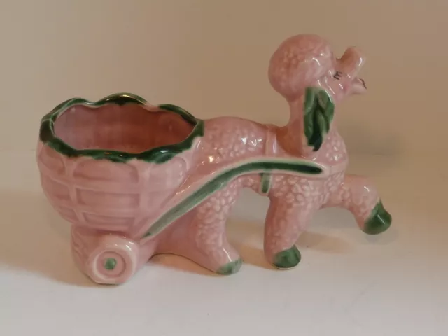 Mid Century Modern Pottery Planter Pink & Green Poodle Dog Pulling Cart SO CUTE!