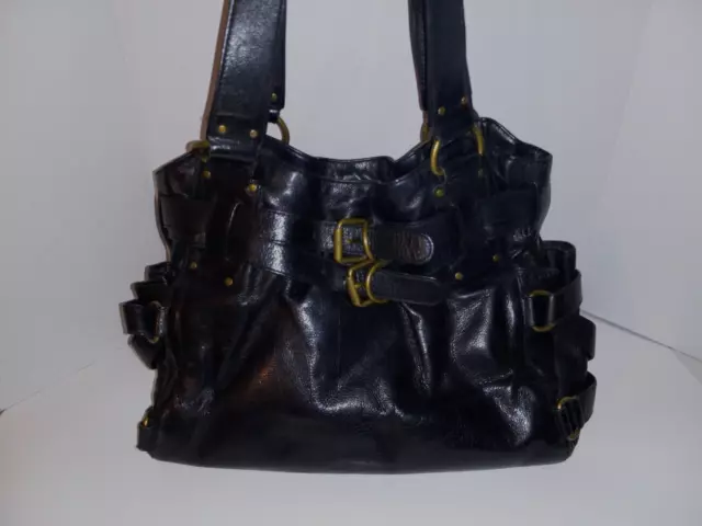 Kooba Lena MOTO BELTED HOBO Strappy Satchel Black Glazed Leather Studs Buckles