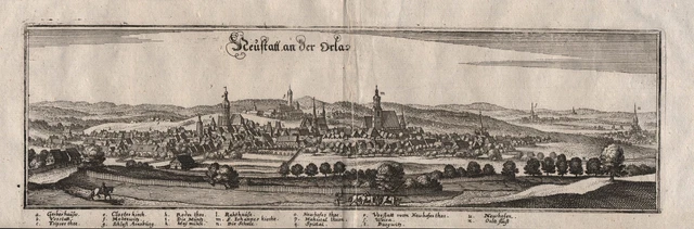Neustadt An Der Orla Turingia, Germania Vista Engraving Incisione Merian 1650