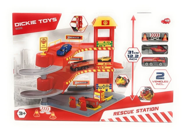 Dickie Toys Parkgarage SOS Rescue Station Feuerwehr Auto Spielzeug Spaß Kinder