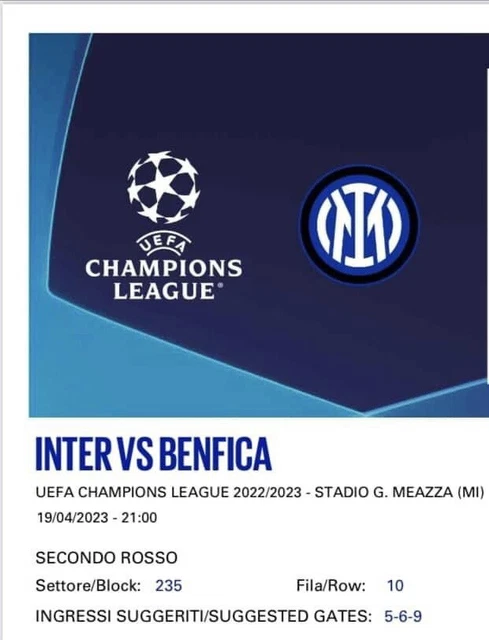 Biglietto Inter Benfica Quarti di Finale Champions League secondo anello rosso