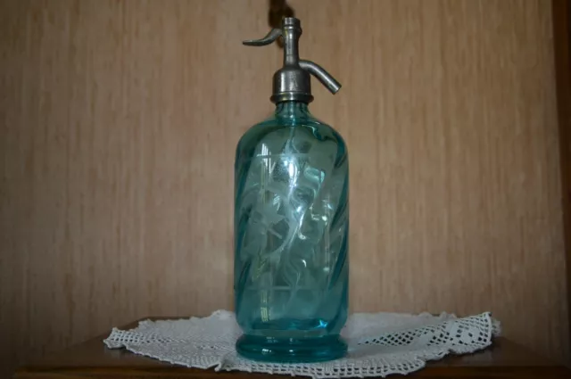 Ancien Siphon eau de Seltz Brasserie de la Meuse verre bleu décor à la couronne