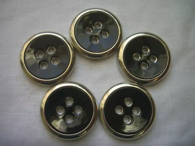 BLACK ,SILVER METAL LOOK RIM 4 HOLE 30 mm  COAT / JACKET BUTTONS  x 5 FREE P&P