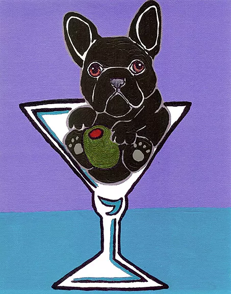8x10 Black FRENCH BULLDOG MARTINI Dog Art PRINT of Painting Artwork by VERN
