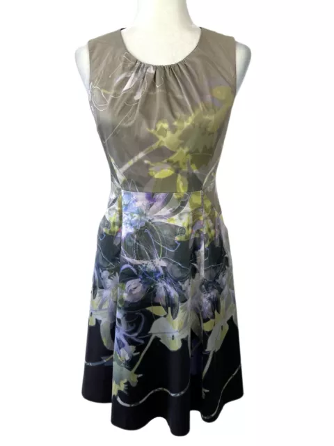 Elie Tahari Womens 2 Fit Flare Dress Multi Floral Sleeveless Lined Pockets