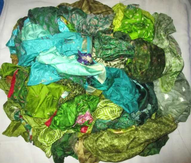 UK LOT PURE SILK Antique Vintage Sari REMNANT Fabrics 100 GRAMS Green #ABCRC