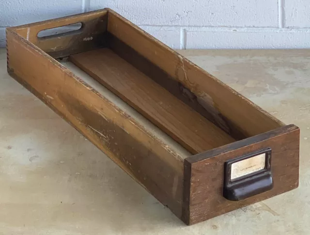 Card Catalog Antique Library Wood Dovetail Drawer w Brass Pull 1930s