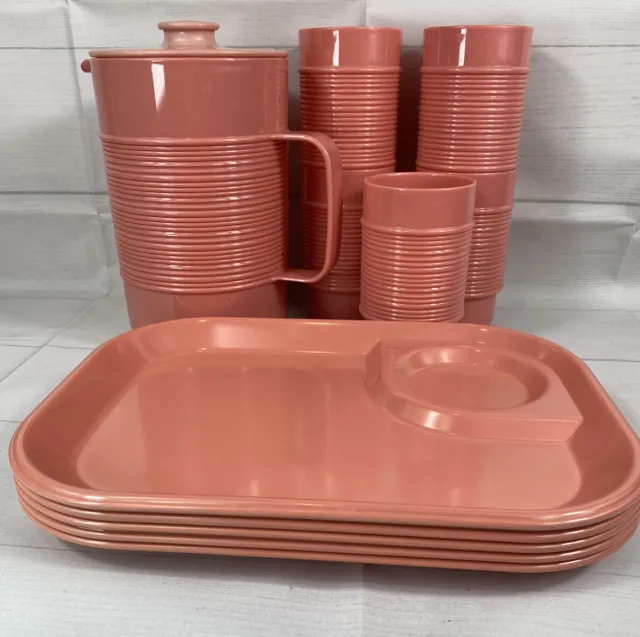 Vintage Rubbermaid Pink Melamine Ribbed Cups Pitcher Plates 3826 3850 2678 Set 5