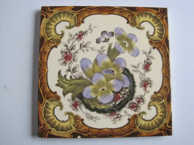 Antique Victorian Print & Tint Floral Tile With Rococo Border - T G & F Booth