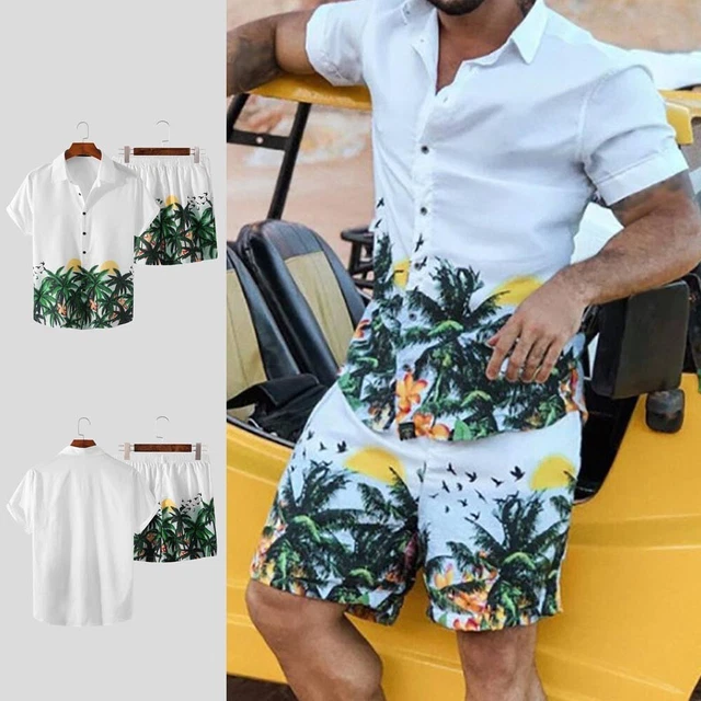 Uomo Set Hawaiano Pantaloncini da Spiaggia Abiti Bottoni Camicia di Poliestere