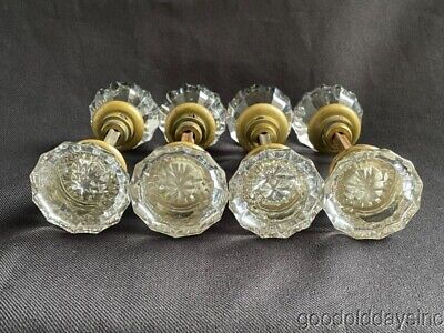 8 Antique Vintage Brass & Crystal Glass Doorknob Handles 4 Sets Knob