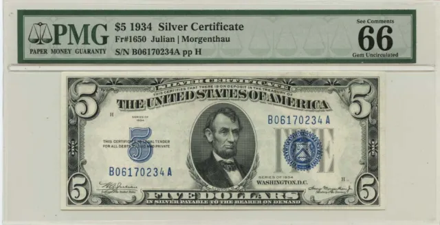 1934 $5 Silver Certificate Blue Fr# 1650 PMG Gem 66EPQ