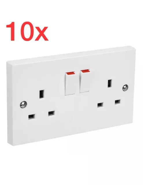 10 X 2 gang Double Switched Socket 13amp Wall Socket uk Standard Plug White