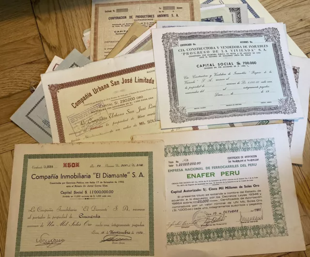 Lot of 80+ PERU STOCK CERTIFICATES 1930s- 1980s Peruvian