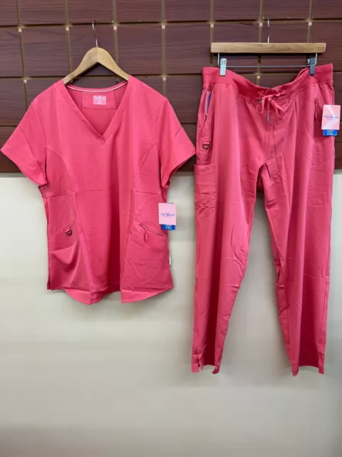 NEW Ava Therese Coral Solid Scrubs Set With XL Top & XL Pants NWT