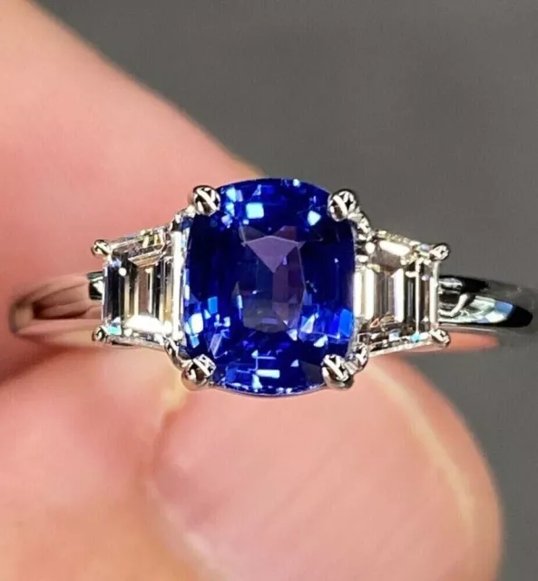 Cushion Cut Sapphire & Lab Created Diamond Three-Stone Wedding 925 Silver Ring