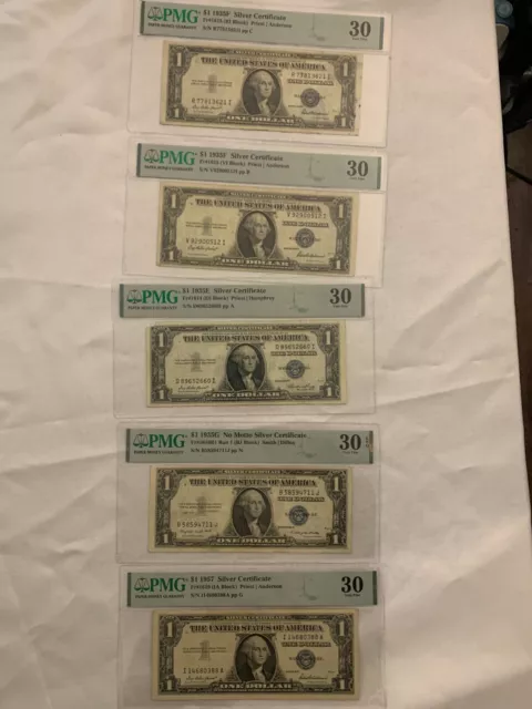 Lot of five (5) $1 US Silver Certificates - Graded PSA 30 - 1935 and 1957 notes