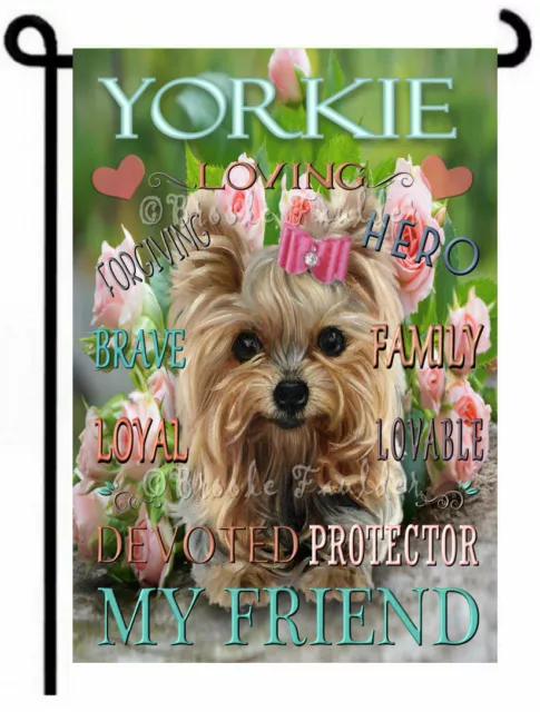 YORKIE TRIBUTE dog garden flag art pink Roses Yorkshire Terrier painting CUTE