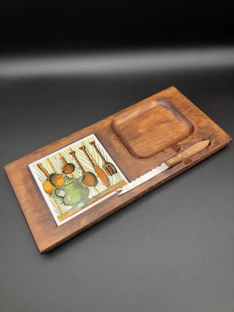 Vintage Charcuterie Cheese Board w/ Tile Original Knife Wood