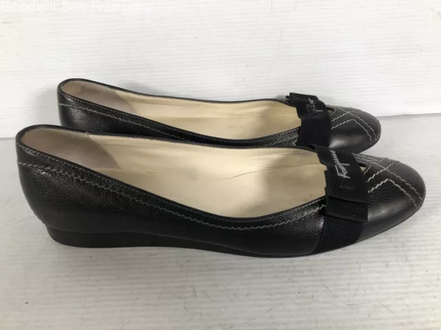 Salvatore Ferragamo Womens Black Leather Italy Slip On Ballet Flats Size 8.5B