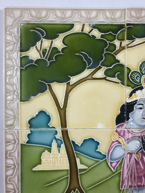 6pc panel x Vintage Majolica Tile KRISHNA DANCING ON SNAKE HEAD Japan 3