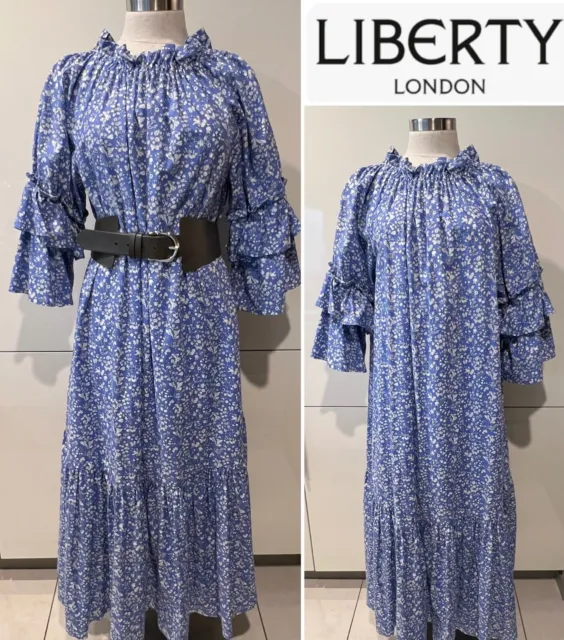 Liberty London NWOT Handmade Cotton Cornflower Blue Floral Ruffle Dress O/S