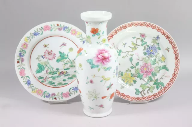 3x Wandteller Vase Porzellan Blumenmalerei Bodenmarke China 20.Jhd (GE221)