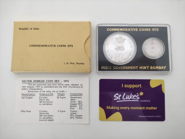 1972 Silver India Republic 10 Rupee/50 Paise 2 Coin Bombay Mint Jubilee Set