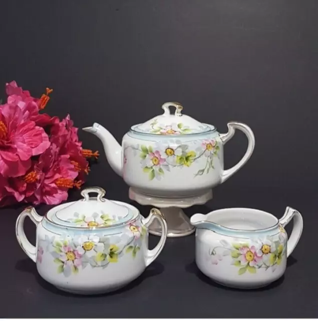 MCM Nippon Porcelain Tea Set,  Hand Painted Pink Cherry Blossoms,  Made in Japan