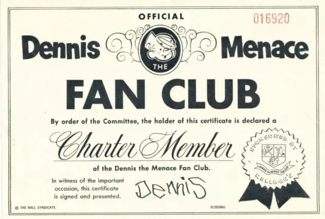 Dennis the Menace Fan Club Charter Member Certificate,  Color Photo, Member Card