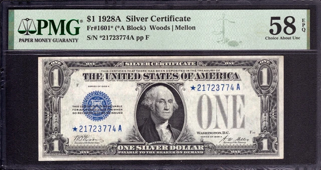 1928 A $1 Silver Certificate Star Note Funny Back Fr.1601* Pmg Choice Au 58 Epq
