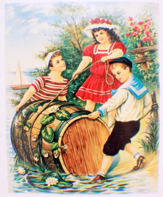 Victorian Lithograph Print Picture Children With A Barrel - 8" x 9.5"