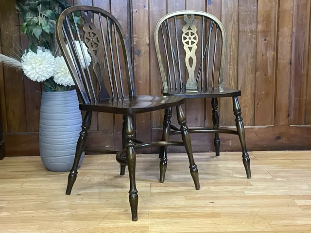 Pair Vintage Glenister Windsor Dining Chairs  Wheel Back Elm Kitchen Chairs